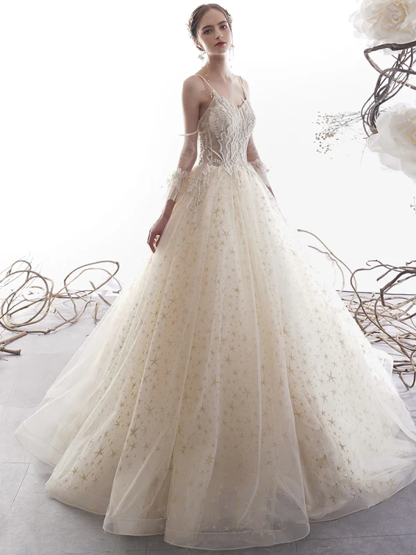 Élégant Champagne Robe De Mariée 2019 Princesse Bretelles Spaghetti Dos Nu Perlage Sans Manches Glitter Étoile Tulle Longue Volants