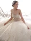 Élégant Champagne Robe De Mariée 2019 Princesse Bretelles Spaghetti Dos Nu Perlage Sans Manches Glitter Étoile Tulle Longue Volants