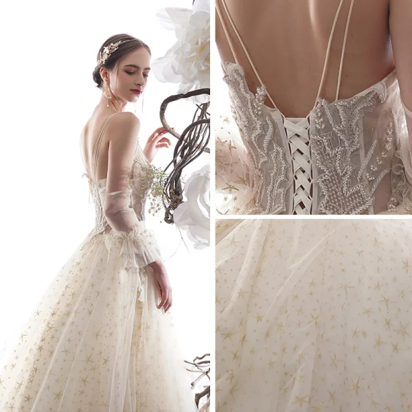Élégant Champagne Robe De Mariée 2019 Princesse Bretelles Spaghetti Dos Nu Perlage Sans Manches Glitter Étoile Tulle Longue Volants