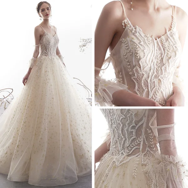 Élégant Champagne Robe De Mariée 2019 Princesse Bretelles Spaghetti Dos Nu Perlage Sans Manches Glitter Étoile Tulle Longue Volants