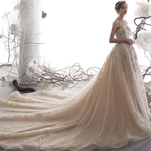 Luxury Gorgeous Champagne Wedding Dresses 2019 A Line Princess Spaghetti Straps Sleeveless Backless Appliques Lace Handmade Beading Glitter Sequins Cathedral Train Ruffle