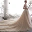 Luxus / Herrlich Champagner Brautkleider / Hochzeitskleider 2019 A Linie Spaghettiträger Ärmellos Rückenfreies Applikationen Spitze Handgefertigt Perlenstickerei Glanz Pailletten Kathedrale Schleppe Rüschen