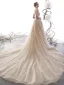 Luxus / Herrlich Champagner Brautkleider / Hochzeitskleider 2019 A Linie Spaghettiträger Ärmellos Rückenfreies Applikationen Spitze Handgefertigt Perlenstickerei Glanz Pailletten Kathedrale Schleppe Rüschen