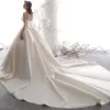 Modest / Simple Champagne Satin Wedding Dresses 2019 A-Line / Princess Amazing / Unique Sweetheart Sleeveless Backless Cathedral Train Ruffle