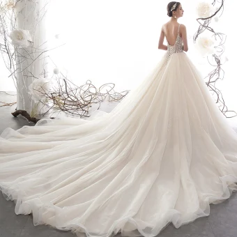 Illusion Champagne Pierced Wedding Dresses 2019 A Line Princess Spaghetti Straps Backless Sleeveless Handmade Beading Glitter Tulle Cathedral Train