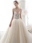 Illusion Champagner Durchbohrt Brautkleider / Hochzeitskleider 2019 A Linie Spaghettiträger Rückenfreies Ärmellos Handgefertigt Perlenstickerei Glanz Tülle Kathedrale Schleppe