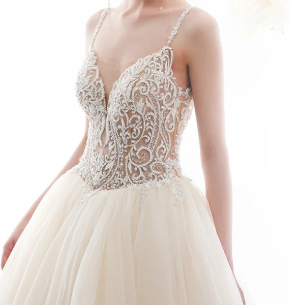 Illusion Champagner Durchbohrt Brautkleider / Hochzeitskleider 2019 A Linie Spaghettiträger Rückenfreies Ärmellos Handgefertigt Perlenstickerei Glanz Tülle Kathedrale Schleppe