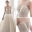 Illusion Champagner Durchbohrt Brautkleider / Hochzeitskleider 2019 A Linie Spaghettiträger Rückenfreies Ärmellos Handgefertigt Perlenstickerei Glanz Tülle Kathedrale Schleppe