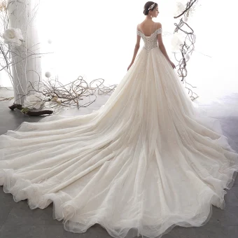 Luxury Gorgeous Champagne See Through Wedding Dresses 2019 A Line Princess Scoop Neck Short Sleeve Backless Pierced Handmade Beading Glitter Tulle Cathedral Train Ruffle