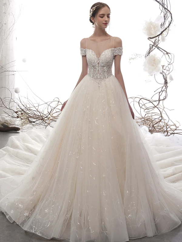 Luxury / Gorgeous Champagne See-through Wedding Dresses 2019 A-Line / Princess Scoop Neck Short Sleeve Backless Pierced Handmade Beading Glitter Tulle Cathedral Train Ruffle