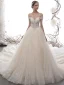 Luxury / Gorgeous Champagne See-through Wedding Dresses 2019 A-Line / Princess Scoop Neck Short Sleeve Backless Pierced Handmade  Beading Glitter Tulle Cathedral Train Ruffle