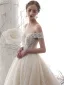 Luxury / Gorgeous Champagne See-through Wedding Dresses 2019 A-Line / Princess Scoop Neck Short Sleeve Backless Pierced Handmade  Beading Glitter Tulle Cathedral Train Ruffle