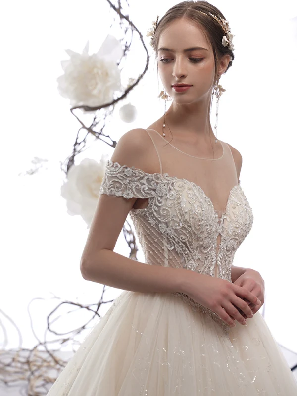 Luxury / Gorgeous Champagne See-through Wedding Dresses 2019 A-Line / Princess Scoop Neck Short Sleeve Backless Pierced Handmade Beading Glitter Tulle Cathedral Train Ruffle