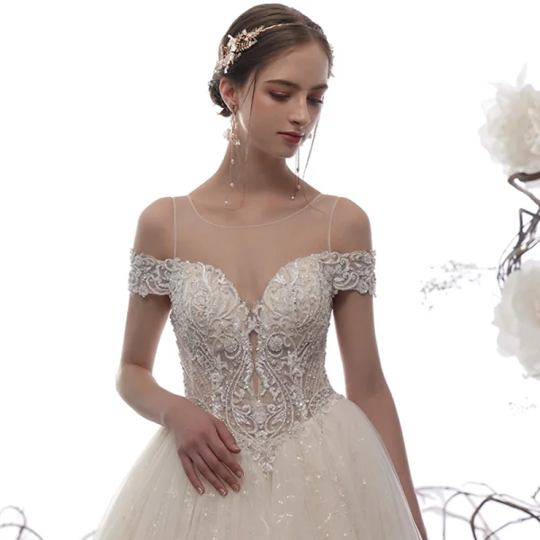 Luxury / Gorgeous Champagne See-through Wedding Dresses 2019 A-Line / Princess Scoop Neck Short Sleeve Backless Pierced Handmade Beading Glitter Tulle Cathedral Train Ruffle
