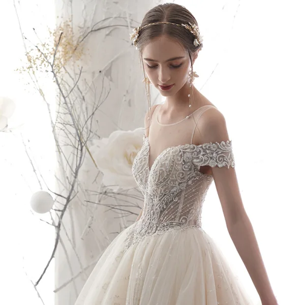 Luxury / Gorgeous Champagne See-through Wedding Dresses 2019 A-Line / Princess Scoop Neck Short Sleeve Backless Pierced Handmade Beading Glitter Tulle Cathedral Train Ruffle