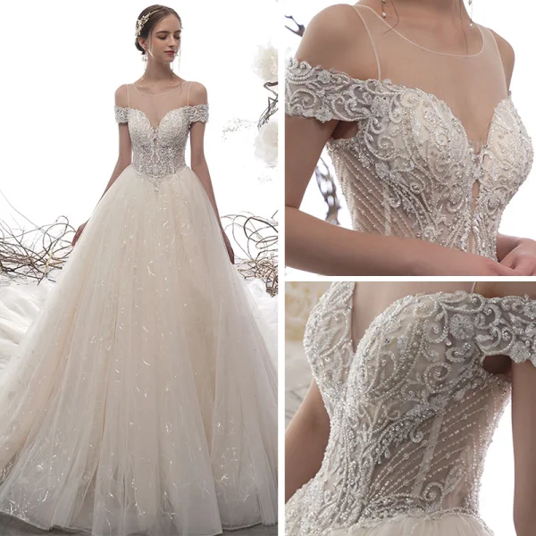 Luxury / Gorgeous Champagne See-through Wedding Dresses 2019 A-Line / Princess Scoop Neck Short Sleeve Backless Pierced Handmade Beading Glitter Tulle Cathedral Train Ruffle