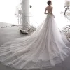 Luxury / Gorgeous Champagne Wedding Dresses 2019 A-Line / Princess Spaghetti Straps Deep V-Neck Sleeveless Backless Appliques Lace Beading Glitter Tulle Chapel Train Ruffle
