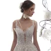 Luxury / Gorgeous Champagne Wedding Dresses 2019 A-Line / Princess Spaghetti Straps Deep V-Neck Sleeveless Backless Appliques Lace Beading Glitter Tulle Chapel Train Ruffle