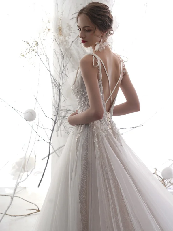 Luxury / Gorgeous Champagne Wedding Dresses 2019 A-Line / Princess Spaghetti Straps Deep V-Neck Sleeveless Backless Appliques Lace Beading Glitter Tulle Chapel Train Ruffle