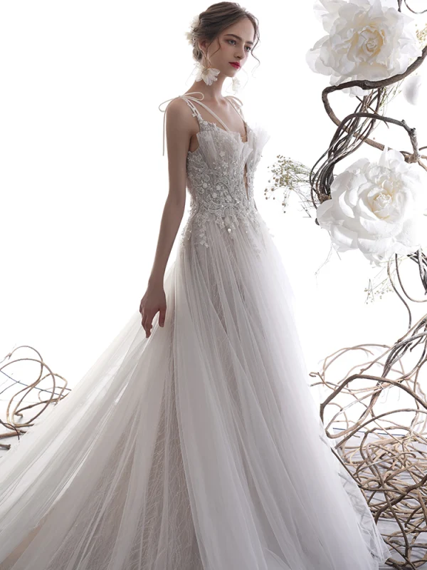 Luxury / Gorgeous Champagne Wedding Dresses 2019 A-Line / Princess Spaghetti Straps Deep V-Neck Sleeveless Backless Appliques Lace Beading Glitter Tulle Chapel Train Ruffle