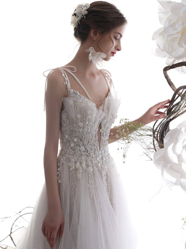Luxury / Gorgeous Champagne Wedding Dresses 2019 A-Line / Princess Spaghetti Straps Deep V-Neck Sleeveless Backless Appliques Lace Beading Glitter Tulle Chapel Train Ruffle