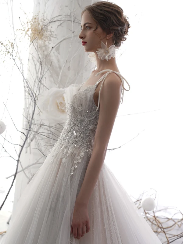 Luxury / Gorgeous Champagne Wedding Dresses 2019 A-Line / Princess Spaghetti Straps Deep V-Neck Sleeveless Backless Appliques Lace Beading Glitter Tulle Chapel Train Ruffle