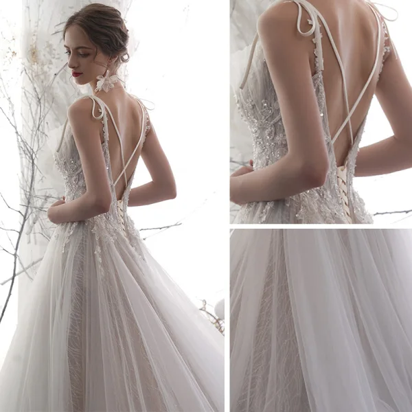 Luxury / Gorgeous Champagne Wedding Dresses 2019 A-Line / Princess Spaghetti Straps Deep V-Neck Sleeveless Backless Appliques Lace Beading Glitter Tulle Chapel Train Ruffle