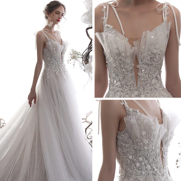 Luxury / Gorgeous Champagne Wedding Dresses 2019 A-Line / Princess Spaghetti Straps Deep V-Neck Sleeveless Backless Appliques Lace Beading Glitter Tulle Chapel Train Ruffle