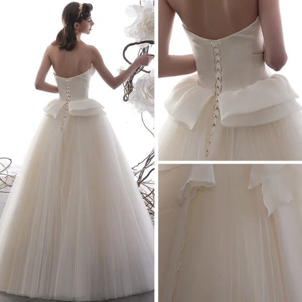 Modest / Simple Champagne Wedding Dresses 2019 A-Line / Princess Strapless Sleeveless Backless Floor-Length / Long Ruffle