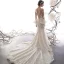 Charmant Champagne Transparentes Robe De Mariée 2019 Trompette / Sirène Encolure Dégagée Manches de cloche Appliques En Dentelle Glitter Fait main Perlage Chapel Train Volants