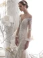 Charmant Champagne Transparentes Robe De Mariée 2019 Trompette / Sirène Encolure Dégagée Manches de cloche Appliques En Dentelle Glitter Fait main Perlage Chapel Train Volants