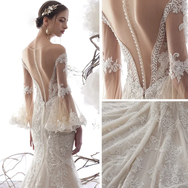 Charmant Champagne Transparentes Robe De Mariée 2019 Trompette / Sirène Encolure Dégagée Manches de cloche Appliques En Dentelle Glitter Fait main Perlage Chapel Train Volants