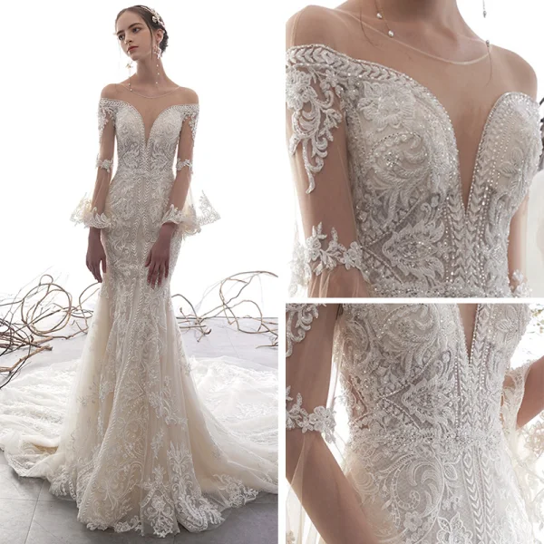 Charmant Champagne Transparentes Robe De Mariée 2019 Trompette / Sirène Encolure Dégagée Manches de cloche Appliques En Dentelle Glitter Fait main Perlage Chapel Train Volants