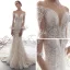 Charmant Champagne Transparentes Robe De Mariée 2019 Trompette / Sirène Encolure Dégagée Manches de cloche Appliques En Dentelle Glitter Fait main Perlage Chapel Train Volants