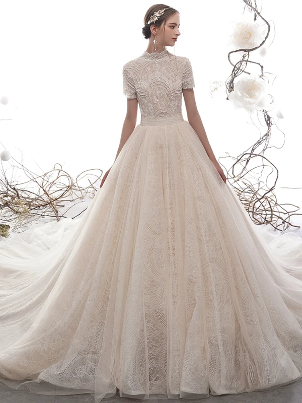 Vintage / Retro Champagne Wedding Dresses 2019 A-Line / Princess High Neck Short Sleeve Backless Heart-shaped Handmade  Beading Chapel Train Ruffle