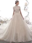 Vintage / Retro Champagne Wedding Dresses 2019 A-Line / Princess High Neck Short Sleeve Backless Heart-shaped Handmade  Beading Chapel Train Ruffle