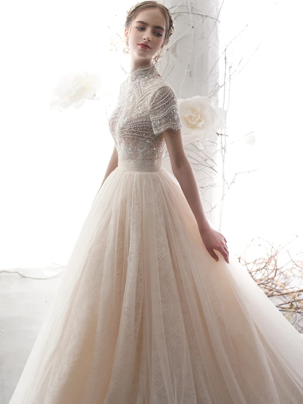 Vintage / Retro Champagne Wedding Dresses 2019 A-Line / Princess High Neck Short Sleeve Backless Heart-shaped Handmade  Beading Chapel Train Ruffle