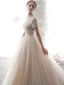 Vintage / Retro Champagne Wedding Dresses 2019 A-Line / Princess High Neck Short Sleeve Backless Heart-shaped Handmade  Beading Chapel Train Ruffle