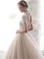 Vintage / Retro Champagne Wedding Dresses 2019 A-Line / Princess High Neck Short Sleeve Backless Heart-shaped Handmade  Beading Chapel Train Ruffle