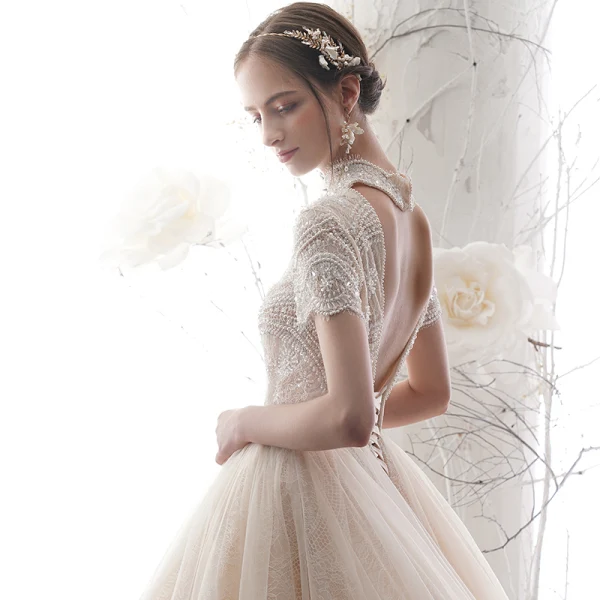 Vintage / Retro Champagne Wedding Dresses 2019 A-Line / Princess High Neck Short Sleeve Backless Heart-shaped Handmade  Beading Chapel Train Ruffle