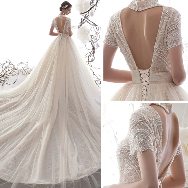 Vintage / Retro Champagne Wedding Dresses 2019 A-Line / Princess High Neck Short Sleeve Backless Heart-shaped Handmade  Beading Chapel Train Ruffle