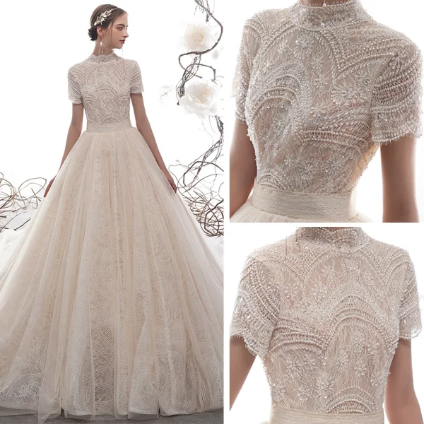 Vintage / Retro Champagne Wedding Dresses 2019 A-Line / Princess High Neck Short Sleeve Backless Heart-shaped Handmade  Beading Chapel Train Ruffle
