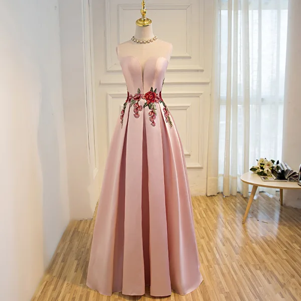 Affordable Satin See-through Prom Dresses 2019 A-Line / Princess Scoop Neck Sleeveless Floor-Length / Long Backless Formal Dresses
