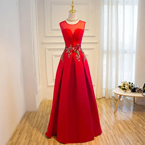 Affordable Satin See-through Prom Dresses 2019 A-Line / Princess Scoop Neck Sleeveless Floor-Length / Long Backless Formal Dresses