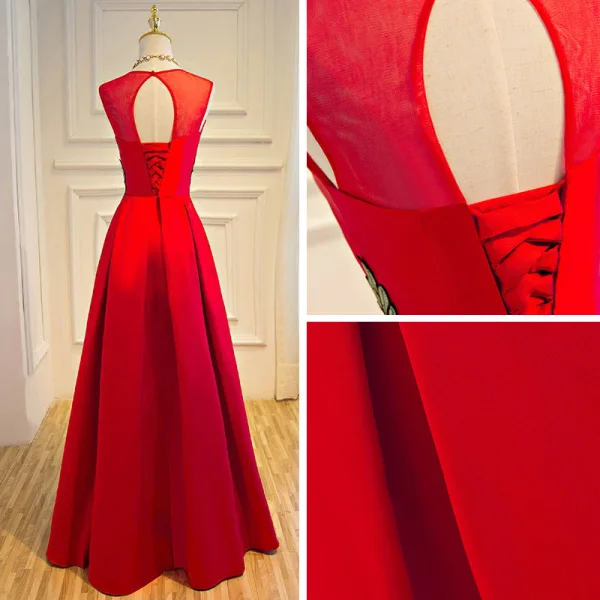 Affordable Satin See-through Prom Dresses 2019 A-Line / Princess Scoop Neck Sleeveless Floor-Length / Long Backless Formal Dresses