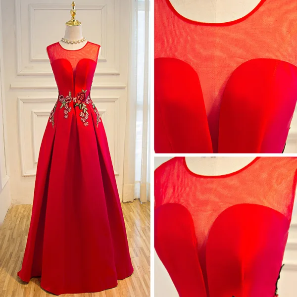 Affordable Satin See-through Prom Dresses 2019 A-Line / Princess Scoop Neck Sleeveless Floor-Length / Long Backless Formal Dresses