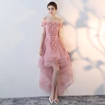 Abordable Rose Bonbon Robe De Cocktail 2019 Princesse De L Épaule Manches Courtes Appliques En Dentelle Perle Ceinture Asymétrique Volants Dos Nu Robe De Ceremonie