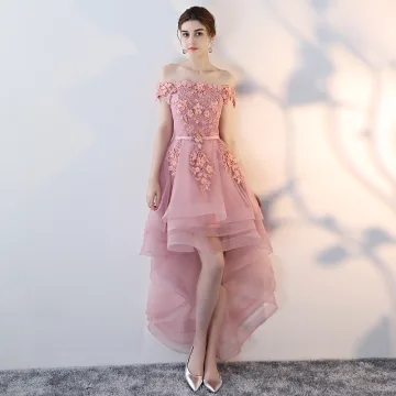 Affordable Candy Pink Cocktail Dresses 2019 A Line Princess Off The Shoulder Short Sleeve Appliques Lace Pearl Sash Asymmetrical Ruffle Backless Formal Dresses
