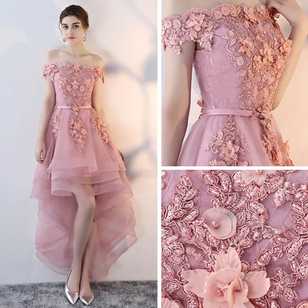 Erschwinglich Pink Cocktailkleider 2019 A Linie Off Shoulder Kurze Ärmel Applikationen Spitze Perle Stoffgürtel Asymmetrisch Rüschen Rückenfreies Festliche Kleider