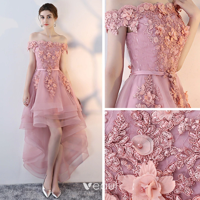 Affordable Candy Pink Cocktail Dresses 2019 A Line Princess Off The Shoulder Short Sleeve Appliques Lace